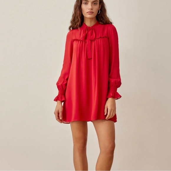 Reformation Red Ruffled Dress with Mandarin Collar - Picture 3 of 4